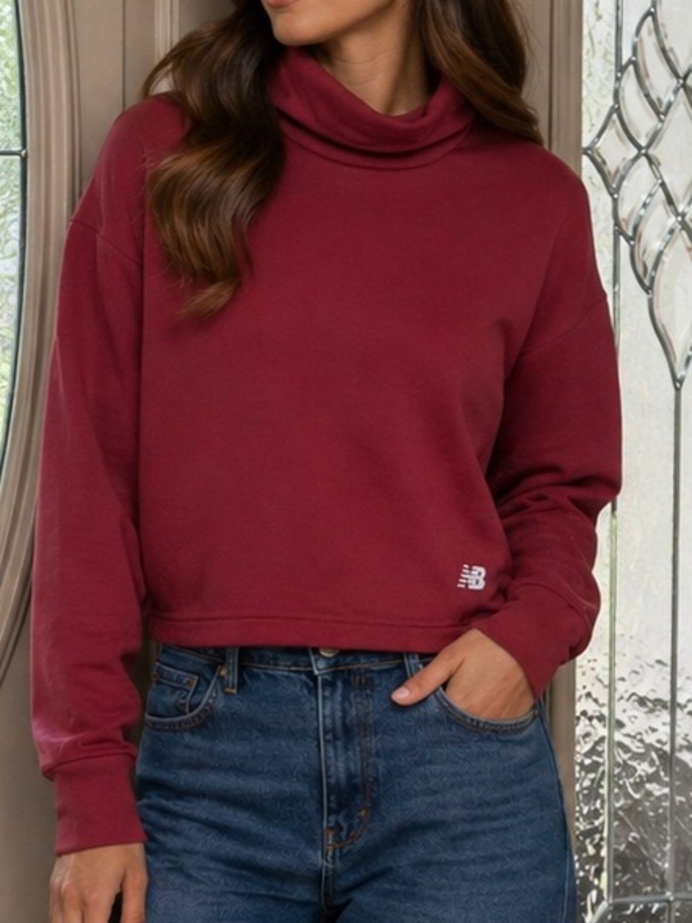 New Balance Deep Red/Crimson Cropped Turtleneck Sweatshirt